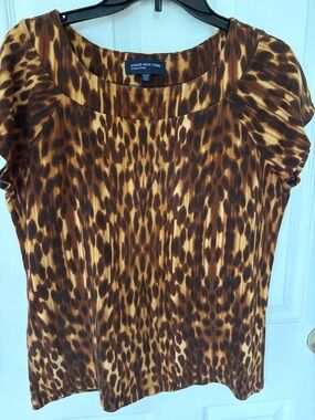 Jones New York Brown and Tan Animal-Print Short Sleeve Top